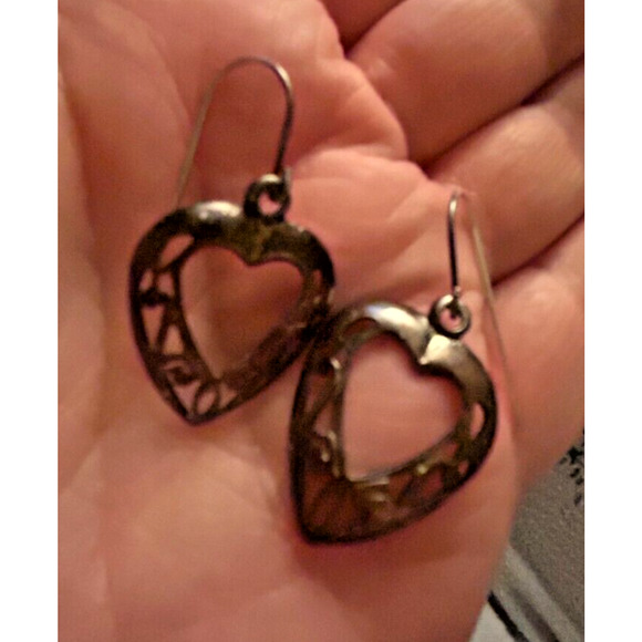 Sterling Silver 925 Cut Out Heart Vintage Dangle Earrings - Picture 2 of 9